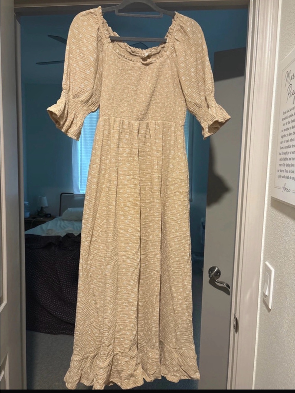 Neutral Beige Maxi Dress with Ruffle Neckline